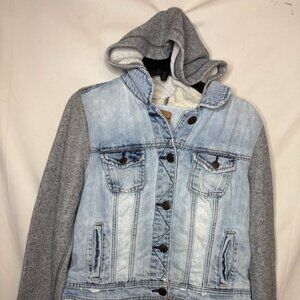 American Eagle Women L Large Blue Hybrid Long Sleeve Hooded Denim Jacket